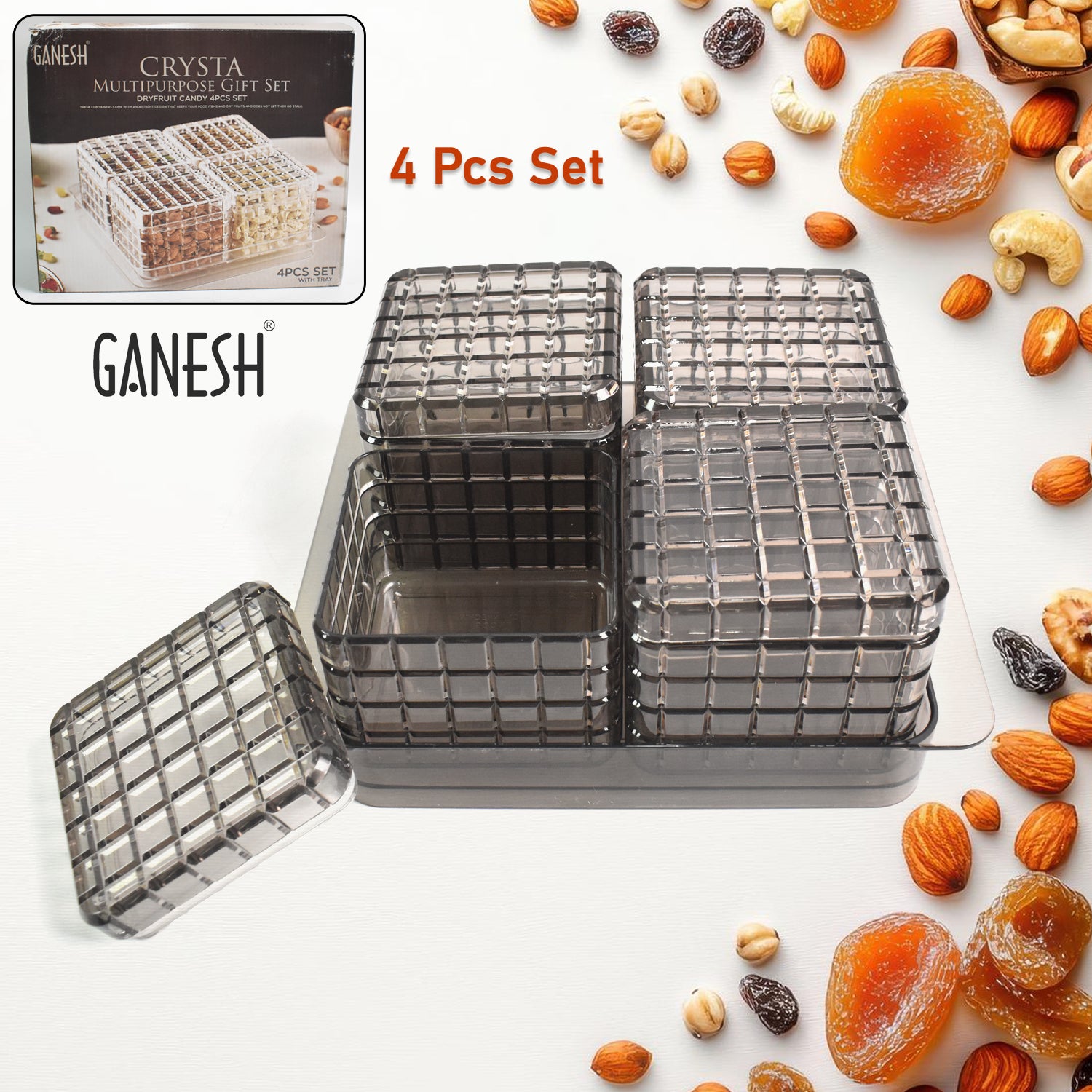 01_05a38146-5ab2-4abd-a343-51e46fd121dd.jpg Multipurpose Gift Set, Dry fruit (4 Pcs Set / With Tray) - Image 1