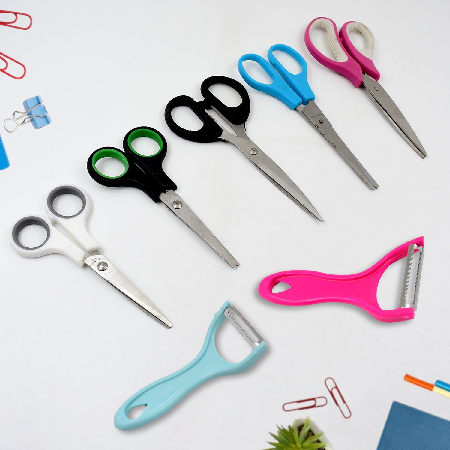 01_872a9aa2-74ab-4bbe-8534-cba3ed110645.jpg Stainless Steel Kitchen Scissors Multipurpose Peeler (2 Pc Set Mix Design Scissor Peeler) - Image 1