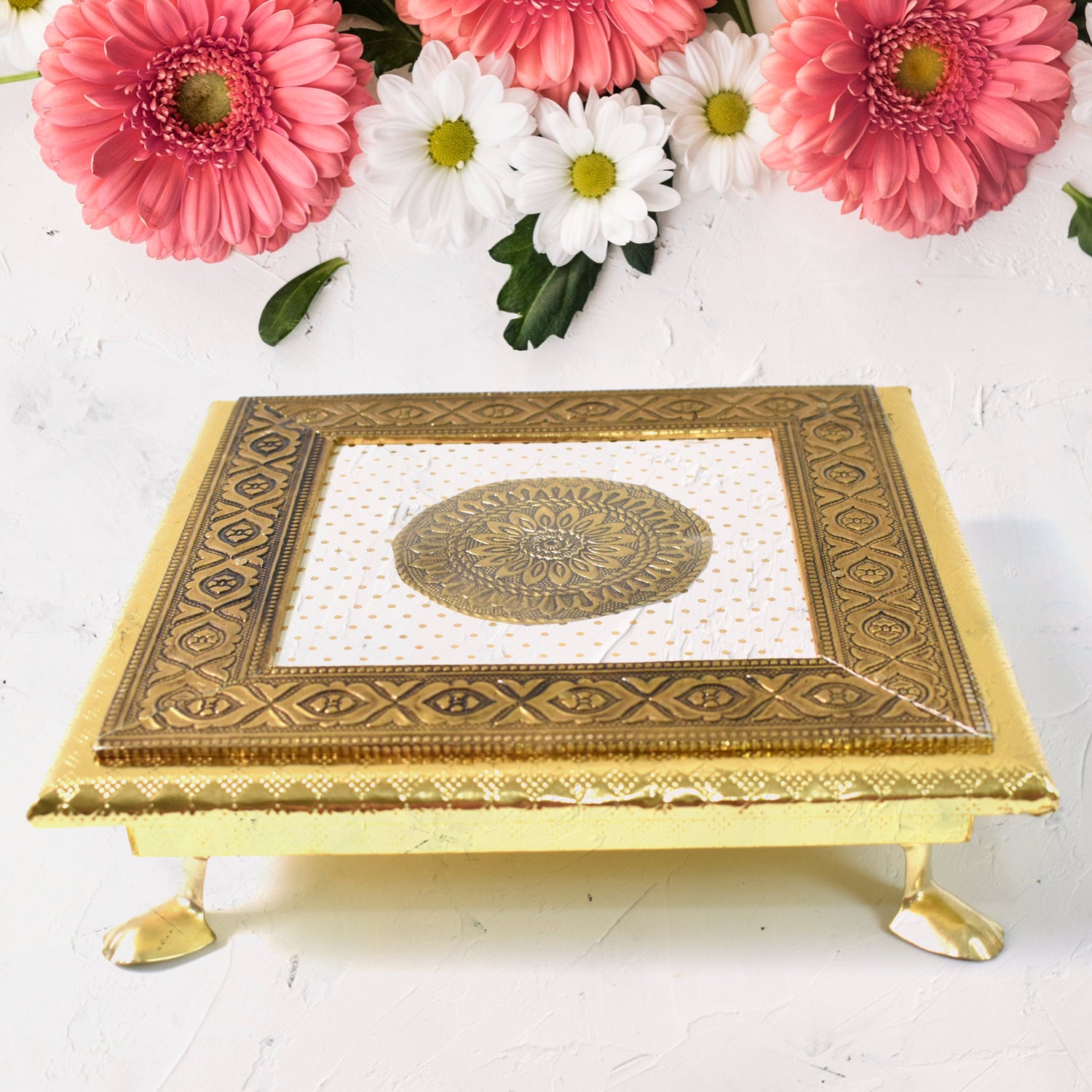 02_38d8bc90-2f93-43e6-bef3-d8ce9c4a3f3d.jpg Golden - Square Pooja Chowki Patla / Bajot (20?0 CM / 1 Pc) - Image 1