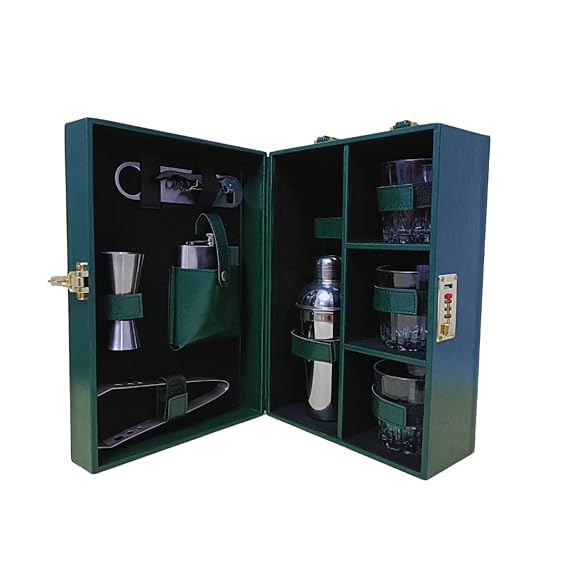 51UItO2CML._SX569_.jpg Presents Premium Portable Bar Set with Travel Case ?11-Piece Cocktail Shaker Set with Glasses, Tools & Lock ?Travel Mini Bar Kit for Home,Parties & Gifting ?Green Leather Finish - Image 1