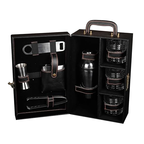61jxpvbhghL._SX569_.jpg Presents Premium Portable Bar Set with Travel Case ?11-Piece Cocktail Shaker Set with Glasses, Tools & Lock ?Travel Mini Bar Kit for Home,Parties & Gifting ?Black Leather Finish - Image 1