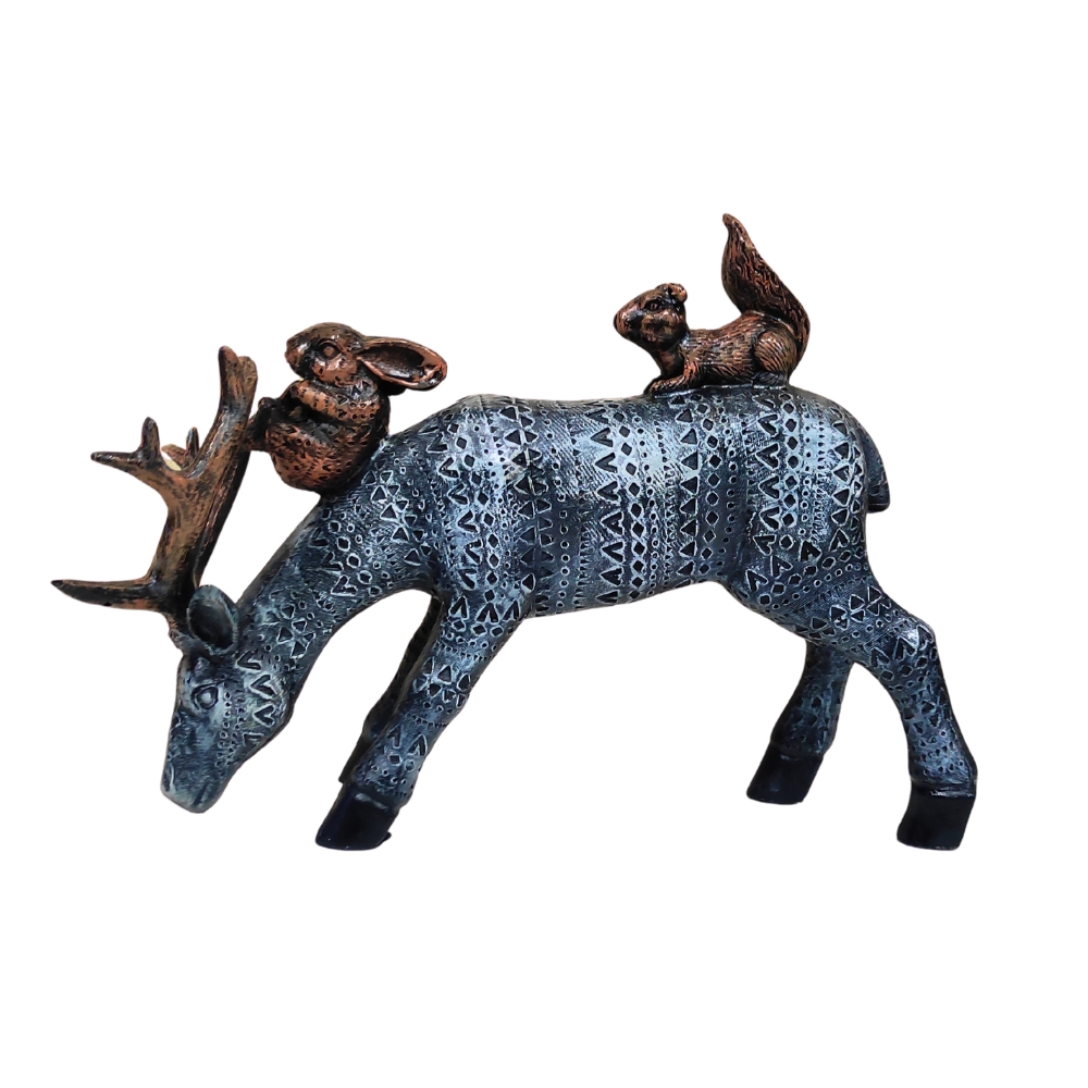 F1.jpg Artisanal Deer Stag Statue with Squirrel & Rabbit Figurine - Intricate Textured Pattern, Polyresin Wildlife Home Decor Showpiece, Black/Silver - Image 1