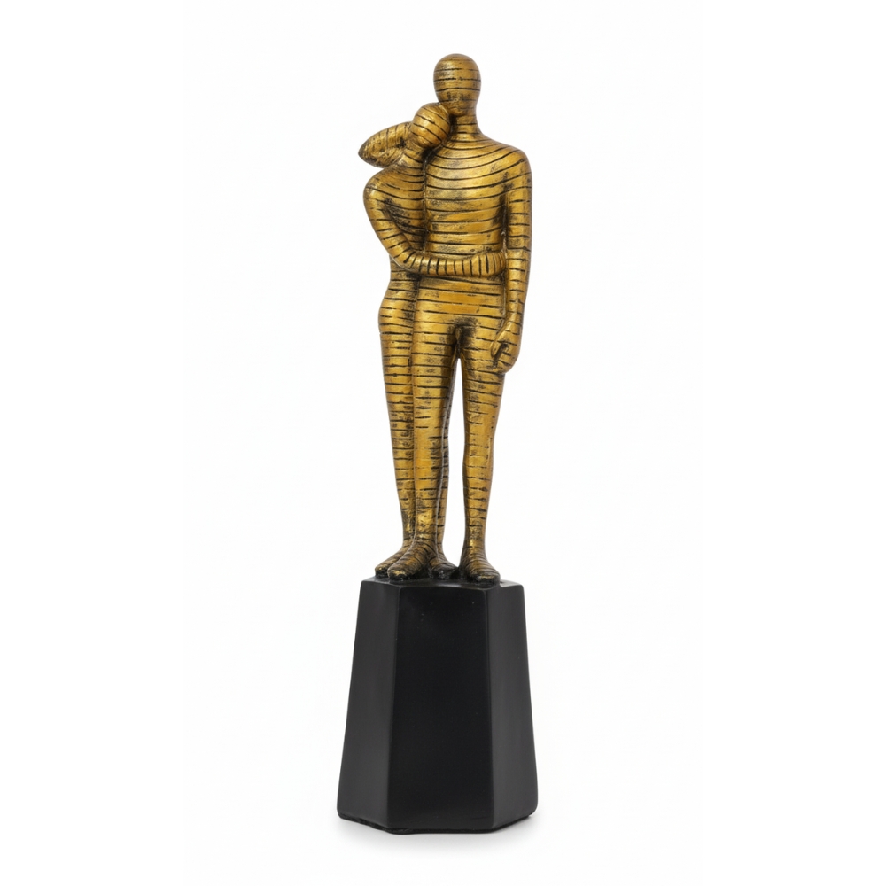 FF1-1.jpg Abstract Couple Embrace Statue - Golden Striped Lovers Sculpture on Black Pedestal - Modern Resin Showpiece for Home Decor & Anniversary Gift - Image 1